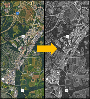 Side-by-side aerial photographs of the study area; the photo on the left is in full color with an arrow pointing to the right photo in greyscale