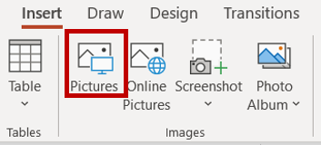 Screenshot of PowerPoint's "Insert" ribbon, with the "Pictures" button highlighted