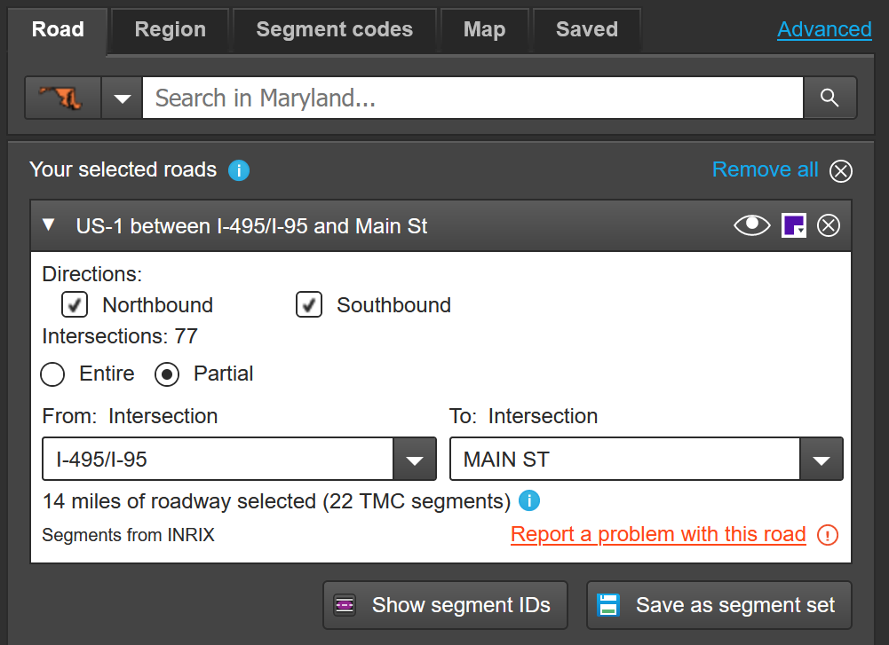 Dialog box allowing the user to select roads to analyze