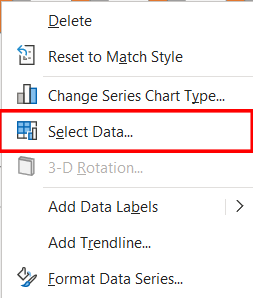 Screenshot of an Excel drop-down menu with "Select Data..." highlighted