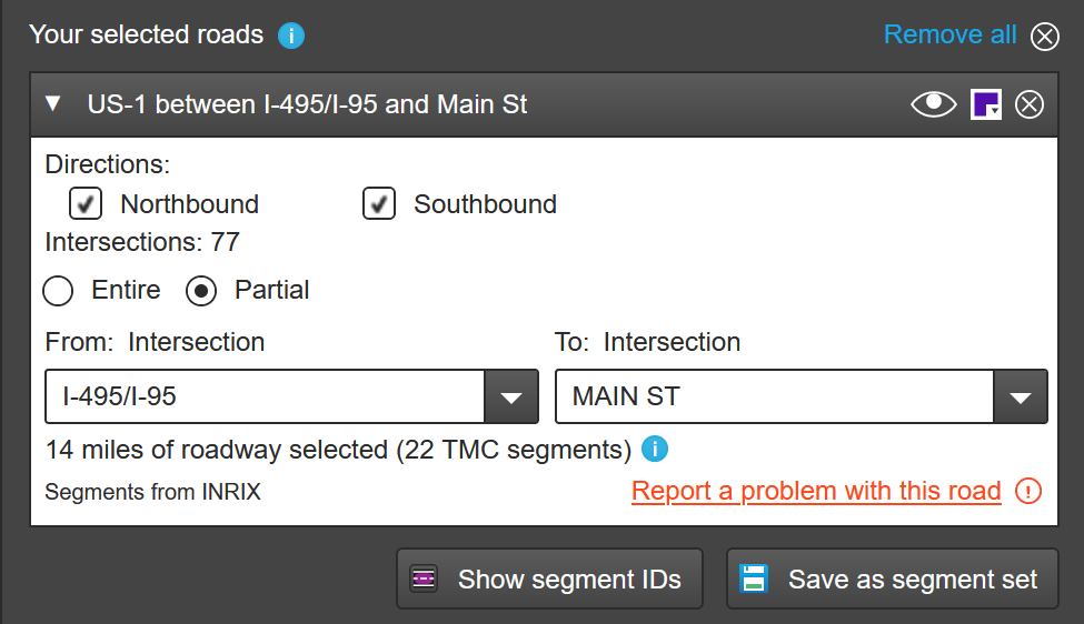 Dialog box allowing the user to select roads to analyze