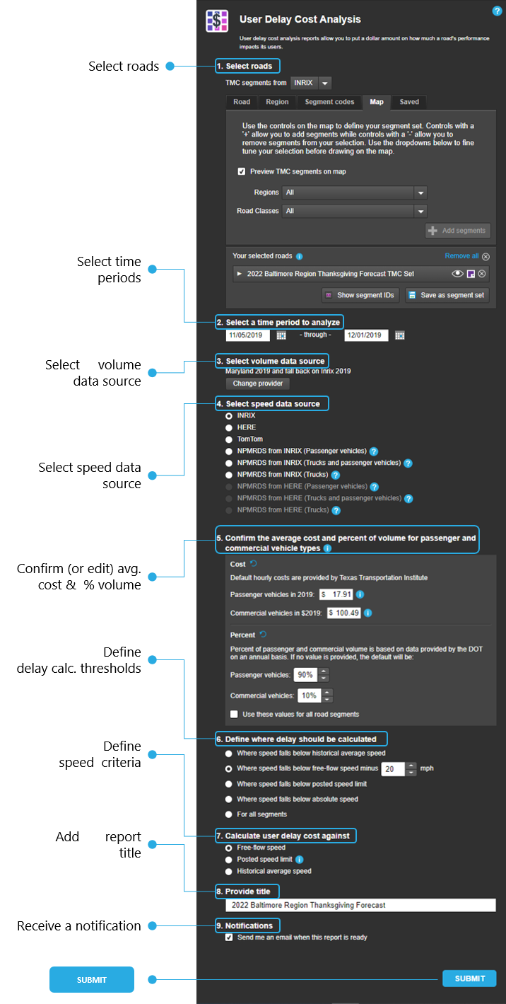 Screenshot of the User Delay Cost Analysis query form