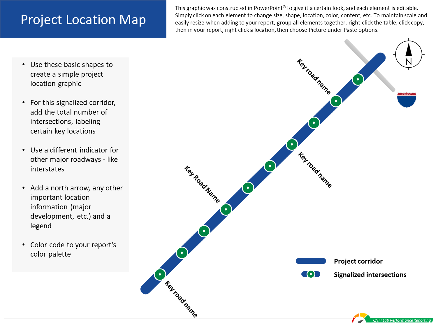 A template for a schematic map of the project location. At the top, there is a large header reading "Project Location Map" next to a paragraph of text describing the area. Below the header, on the left side there is a bulleted list with information. To the right of that bulleted list is a subway-style map of the corridor with circles representing intersections.
